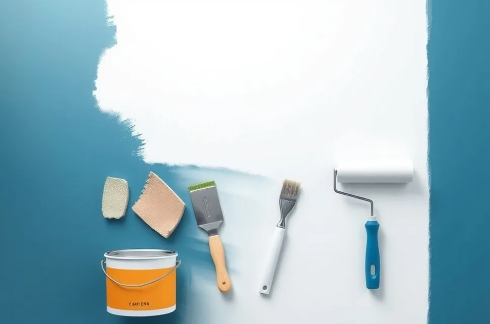 Outils de peinture disposés dans l'ordre des étapes du chantier
