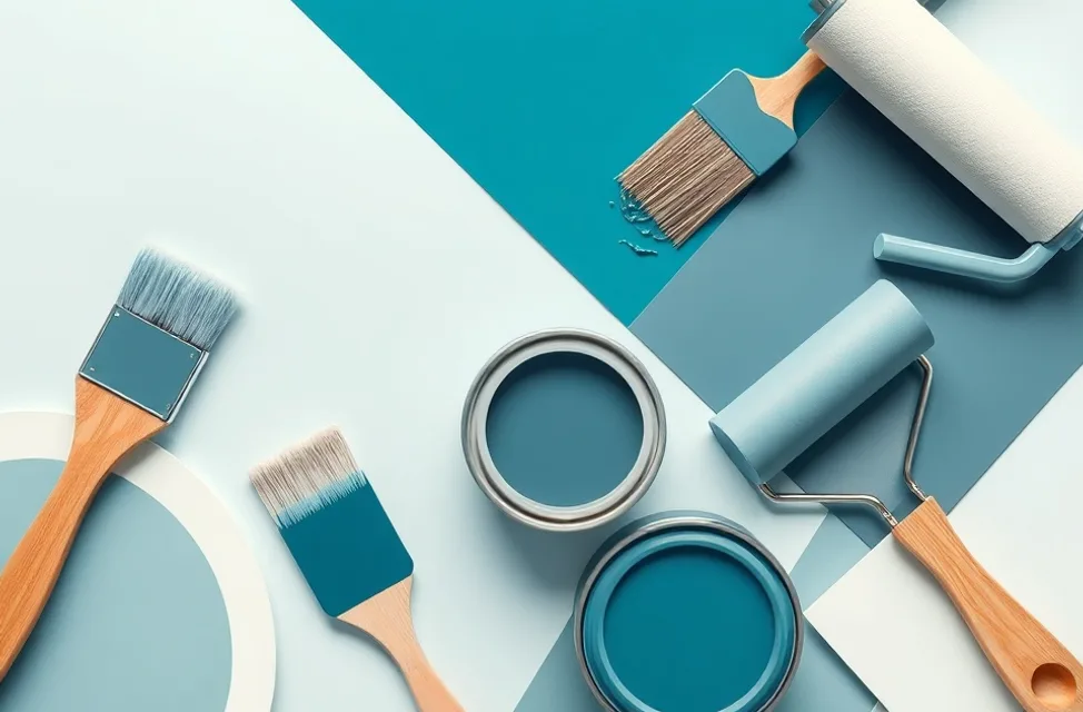 Pots de peinture, nuancier, brosses et rouleaux disposés à plat