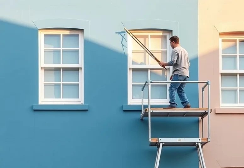 Peintre sur échafaudage traitant la façade d'une maison
