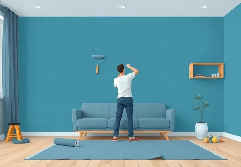Peintre appliquant la peinture au rouleau sur un mur de salon